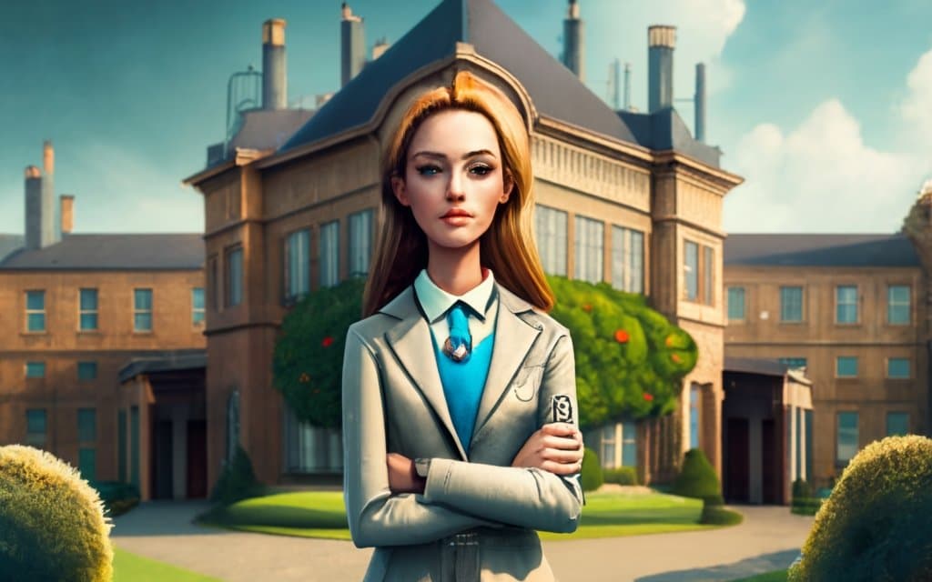 android person generated by ai stood in front of a school