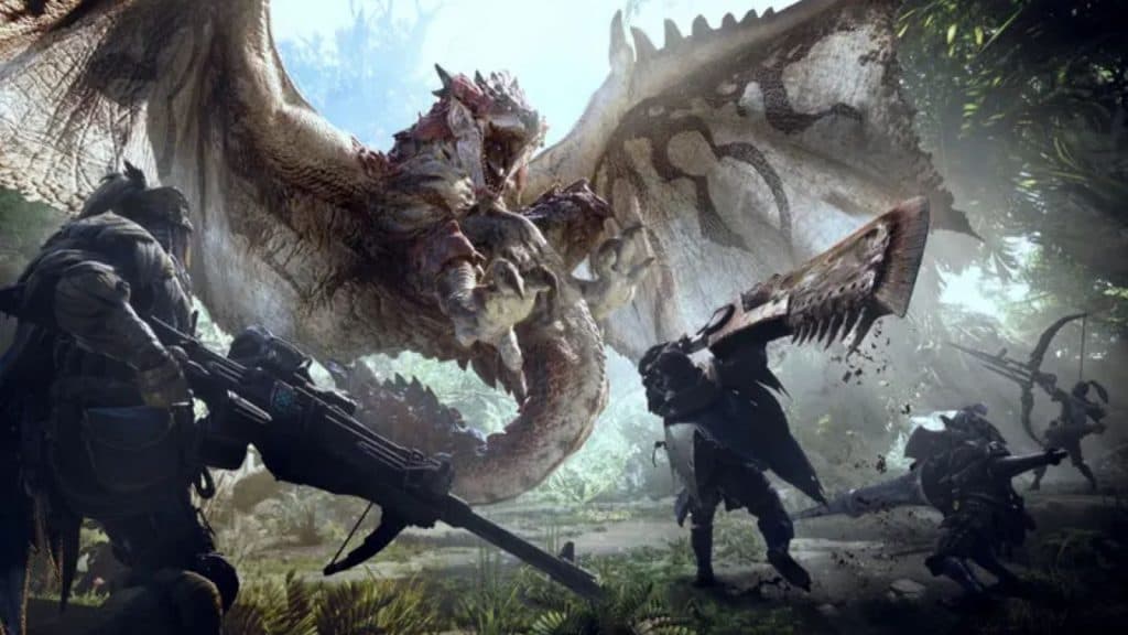 Hunters fighting a Rathalos