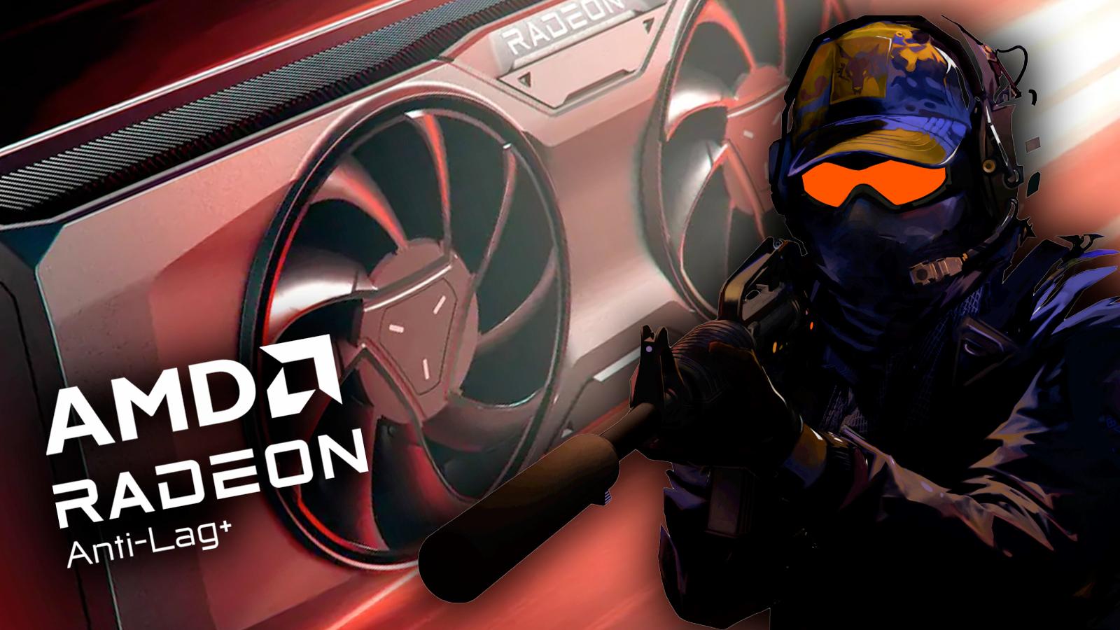 counter-strike 2 lead art character with amd gpu in the back and logo for anti-lag+