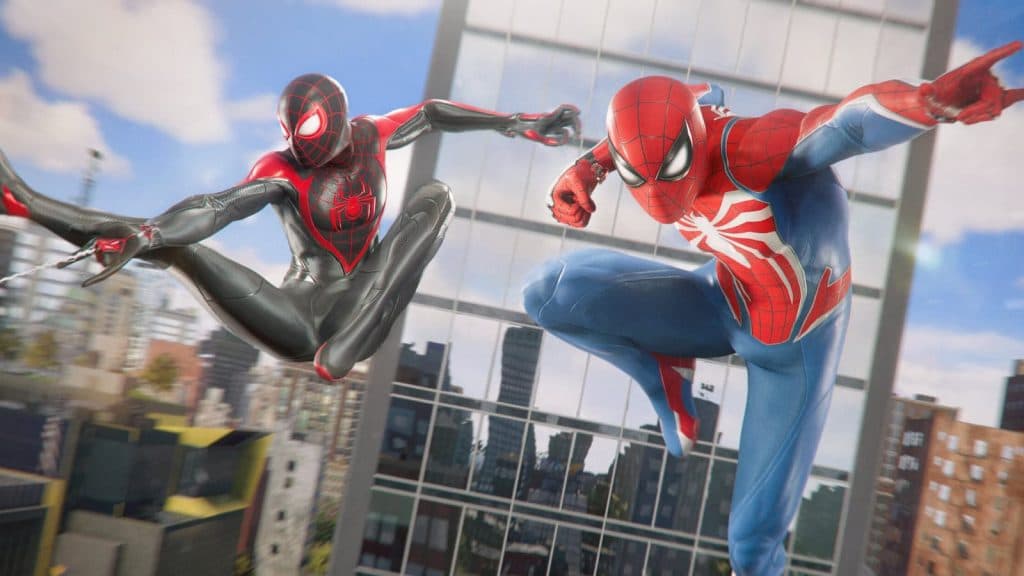 Miles and Peter web swinging in Marvel's Spider-Man 2