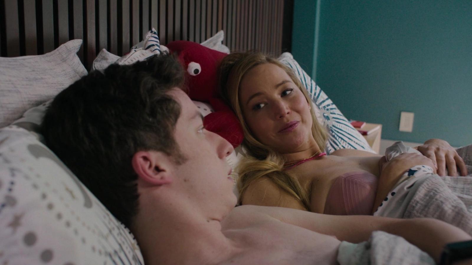 Andrew Barth Feldman and Jennifer Lawrence in No Hard Feelings as Percy and Maddie.