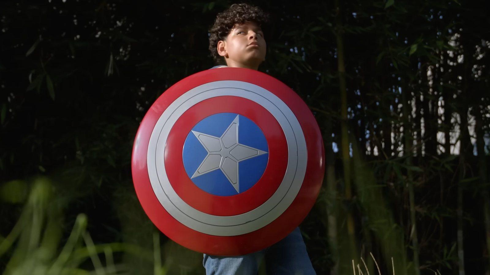 MTG Marvel Header Boy holding cap's shield