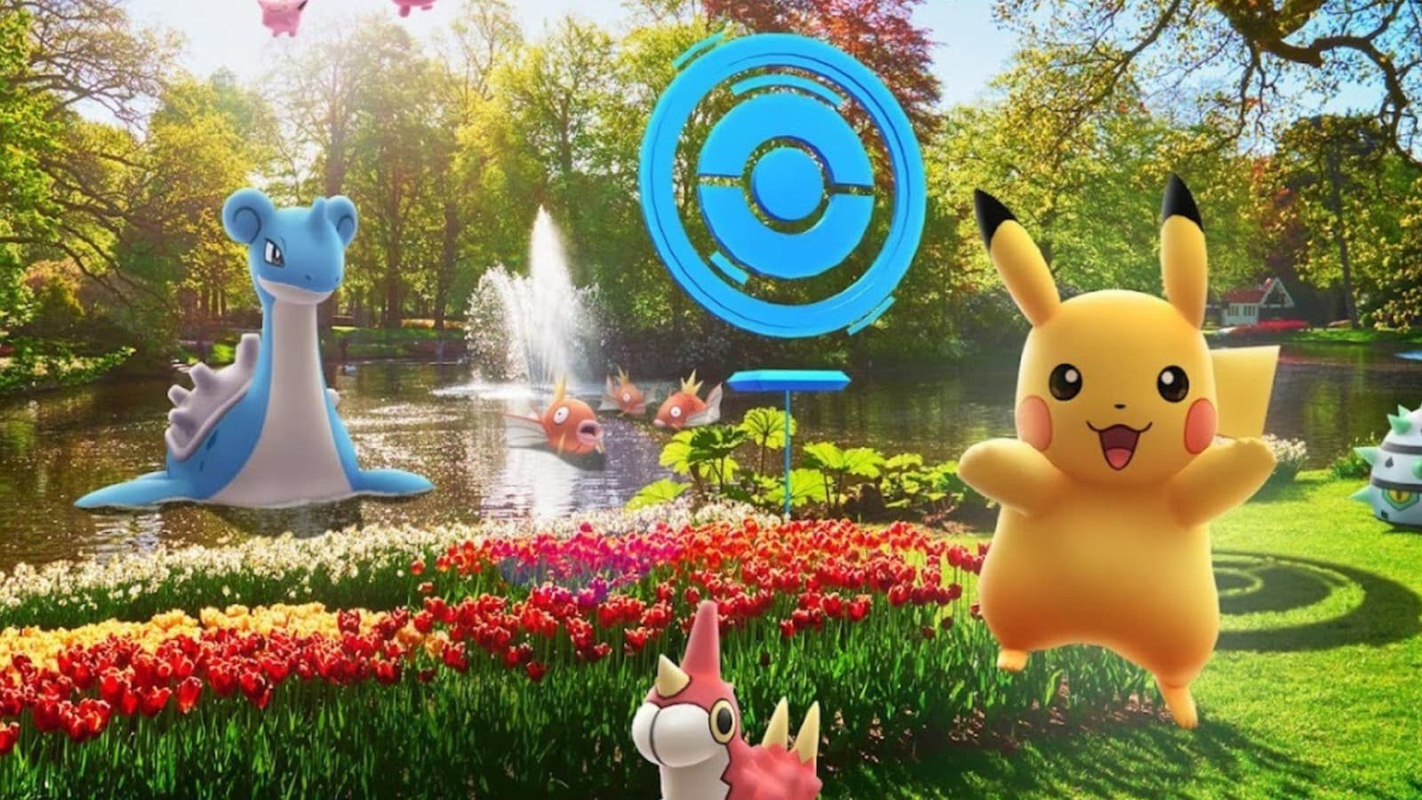 Pikachu and Lapras in front of a Pokestop in Pokemon Go