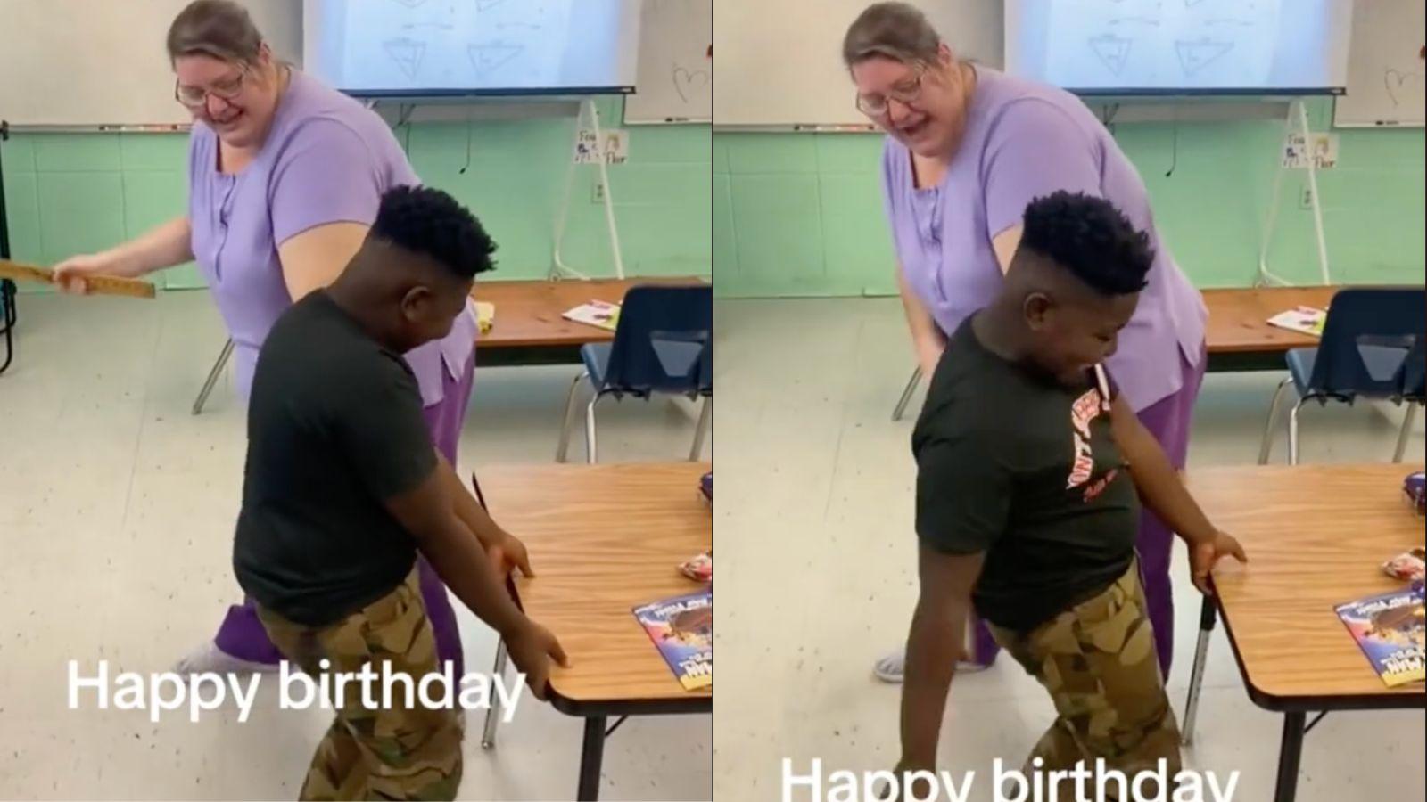 Teacher giving student a birthday spanking