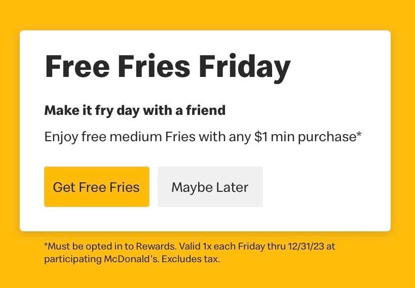 Free Fries Friday ad at McDonald's