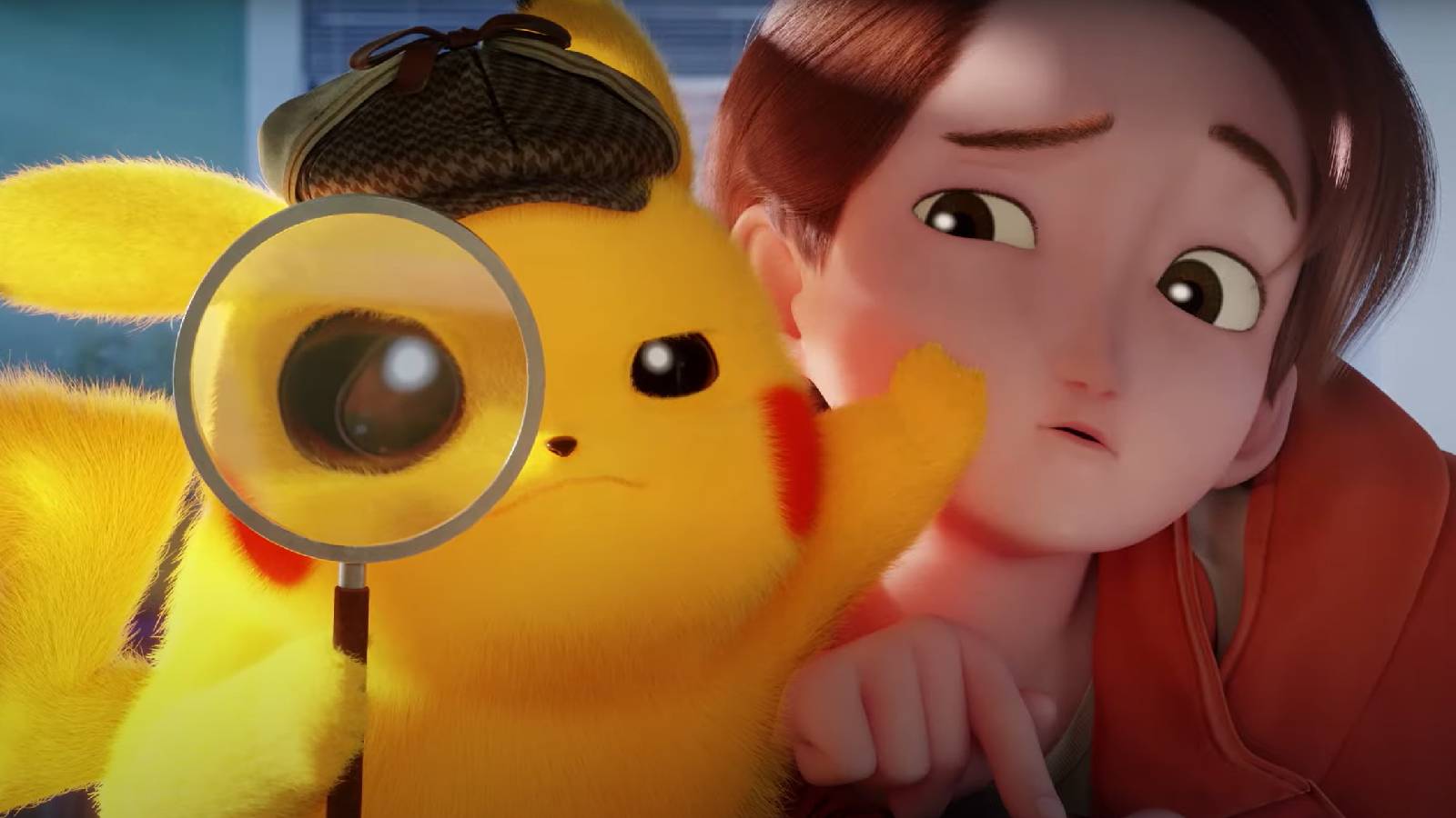 Detective Pikachu pushes Tim out of the way and lifts a magnifying glass to his eye