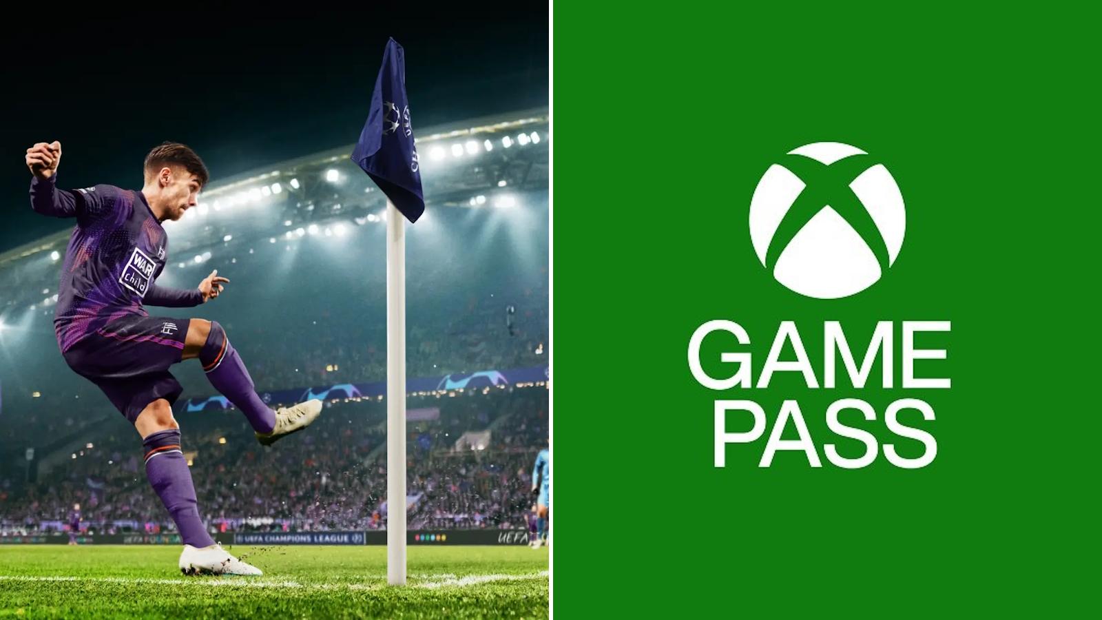 Football Manager 2024 promo art (left) next to official Xbox Game Pass logo (right).