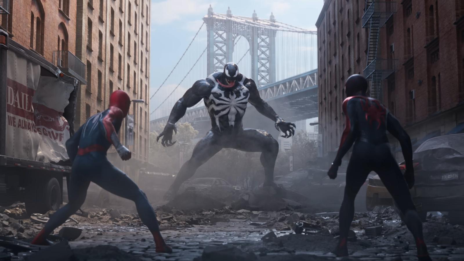 Peter and Miles facing off against Venom in Marvel's Spider-Man 2 trailer
