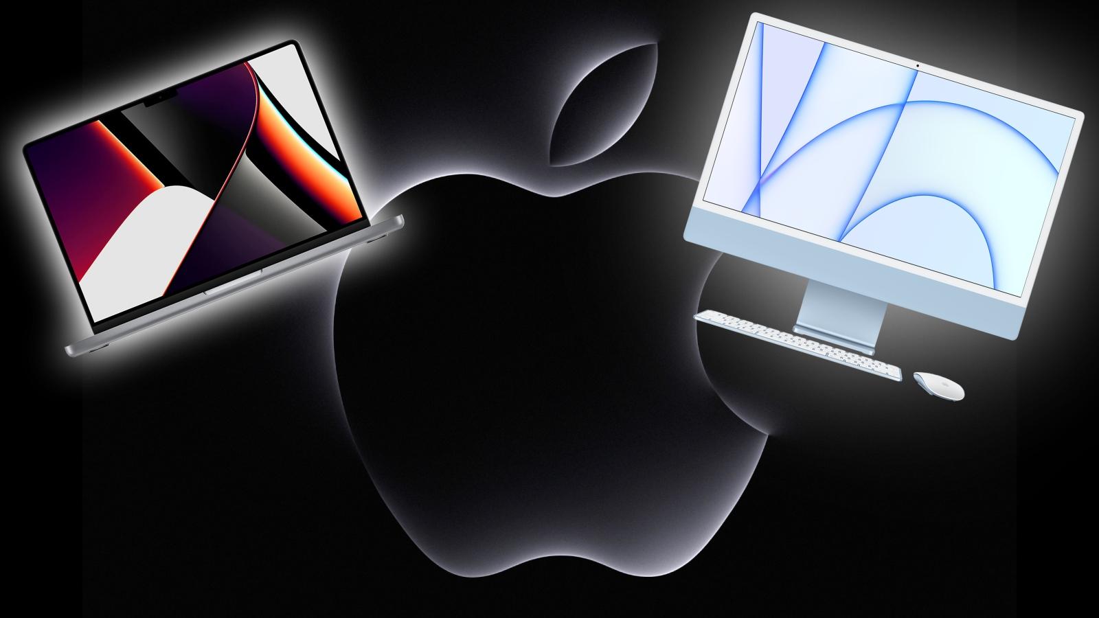 Apple Logo on black background with iMac and MacBook Pro