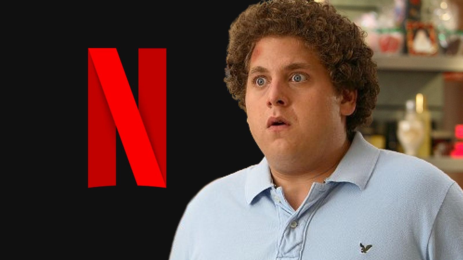 Jonah Hill in Superbad and the Netflix logo