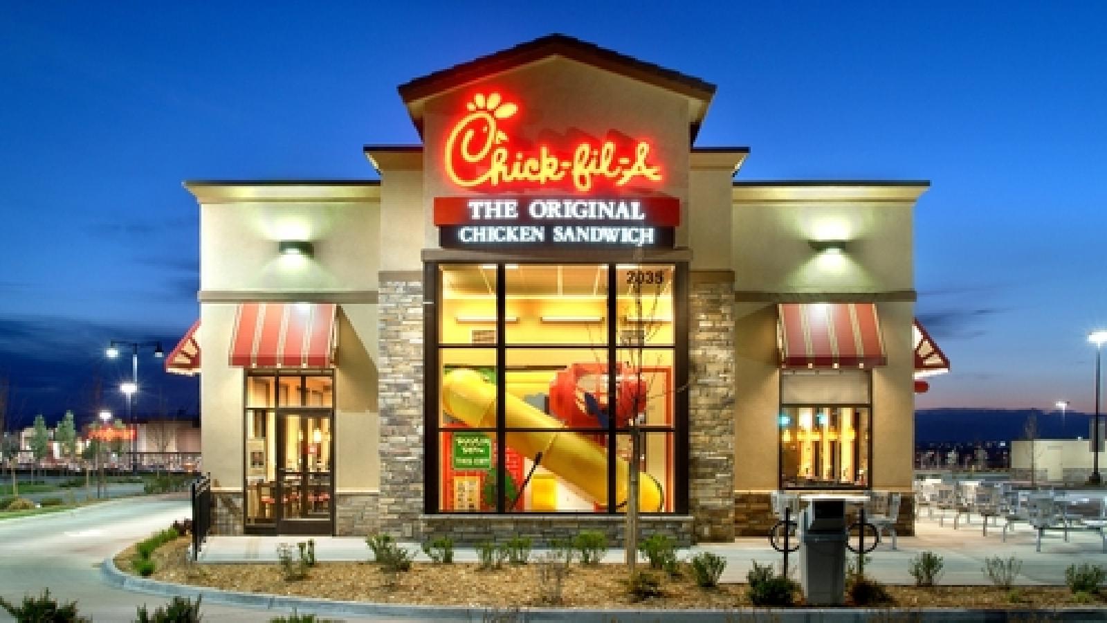 Image shows a Chick-fil-A restaurant.