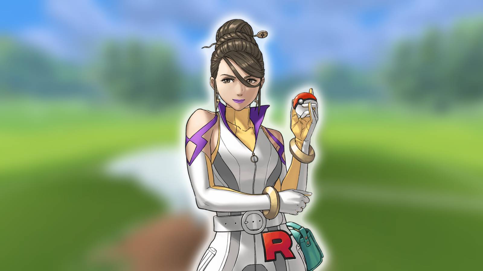 The Pokemon Go Team Rocket Leader Sierra is visible against a blurred screenshot from Pokemon Go