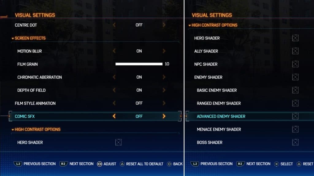 Visual Settings expanded options in Spider-Man 2