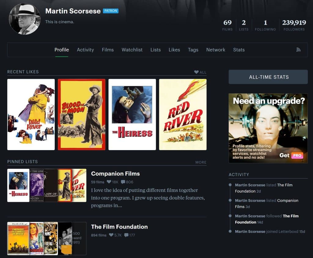 Martin Scorcese profile on Letterboxd