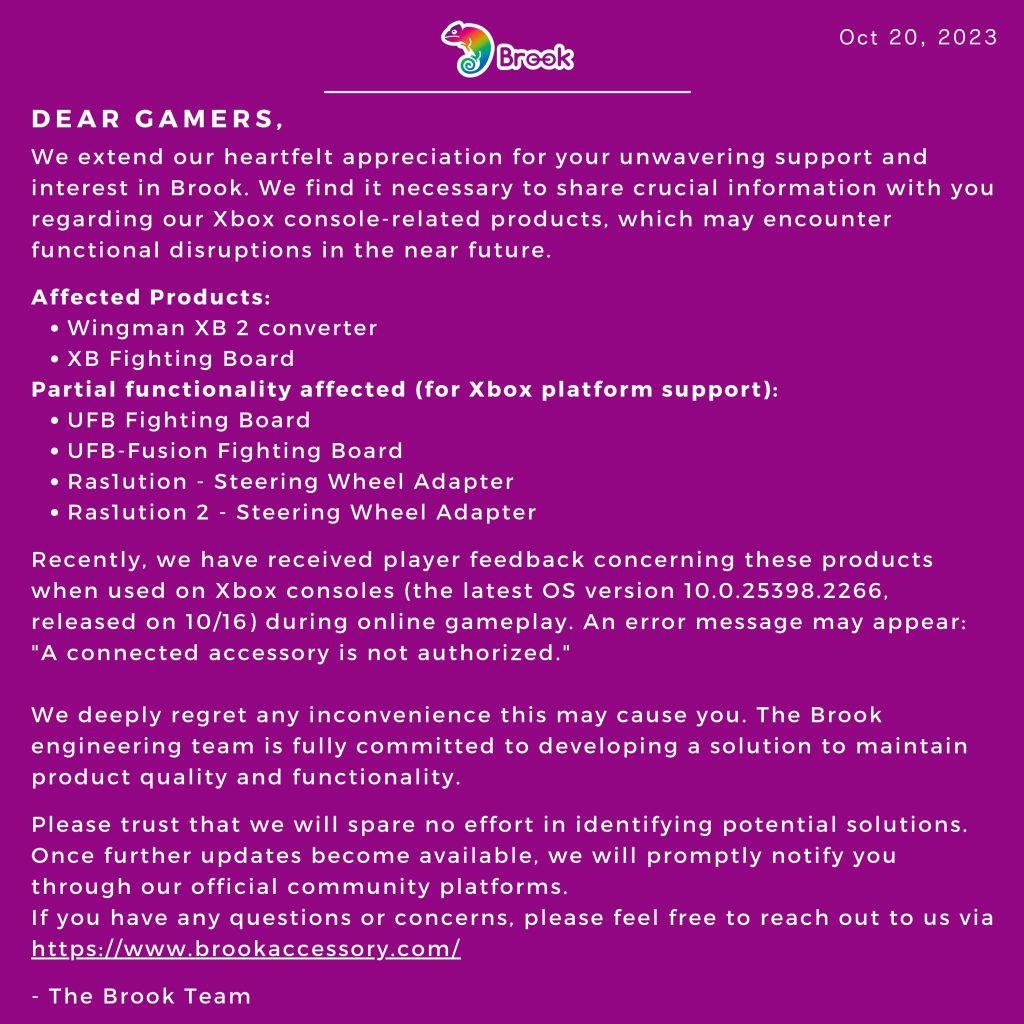 A statement on a purple background listing affected Brook Gaming products that will no longer work on Xbox.
