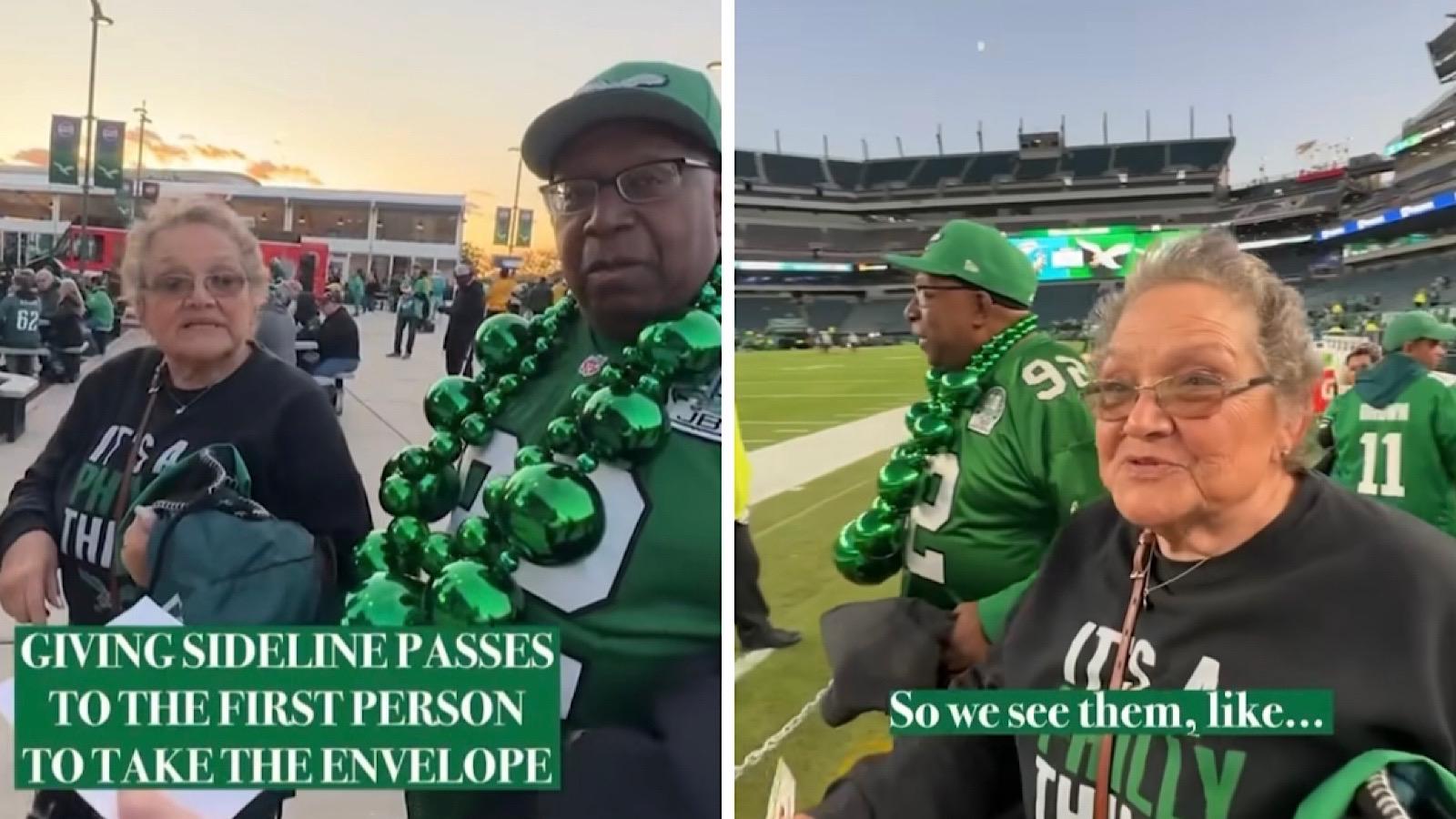 older couple happily accepts free eagles sidelines tickets