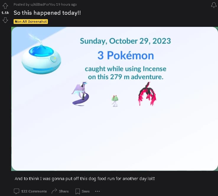 A Reddit post showcasing an incredibly lucky double legendary encounter from one Daily Adventure Incense in Pokemon Go.
