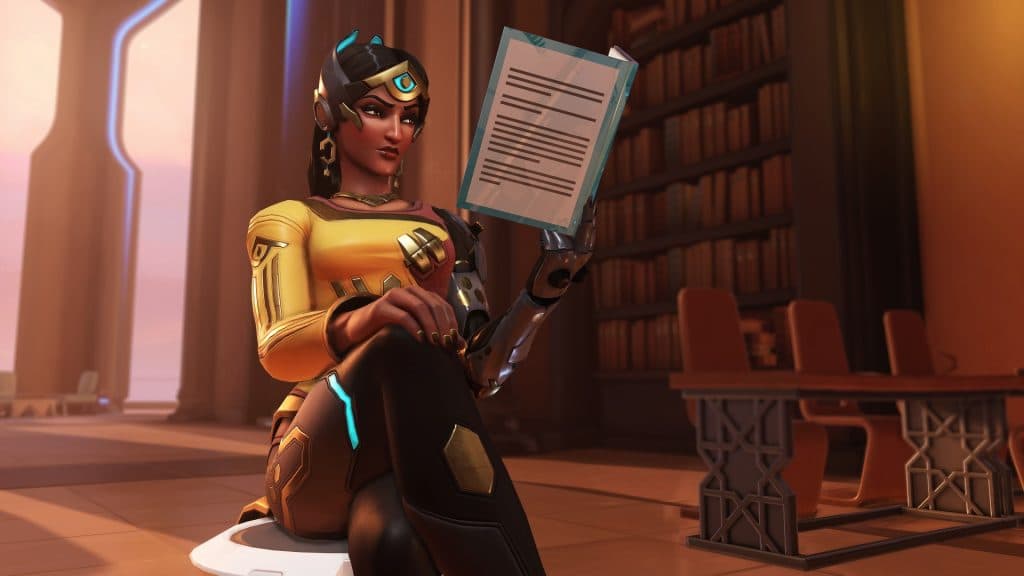 Symmetra sitting on a chair in Overwatch 2
