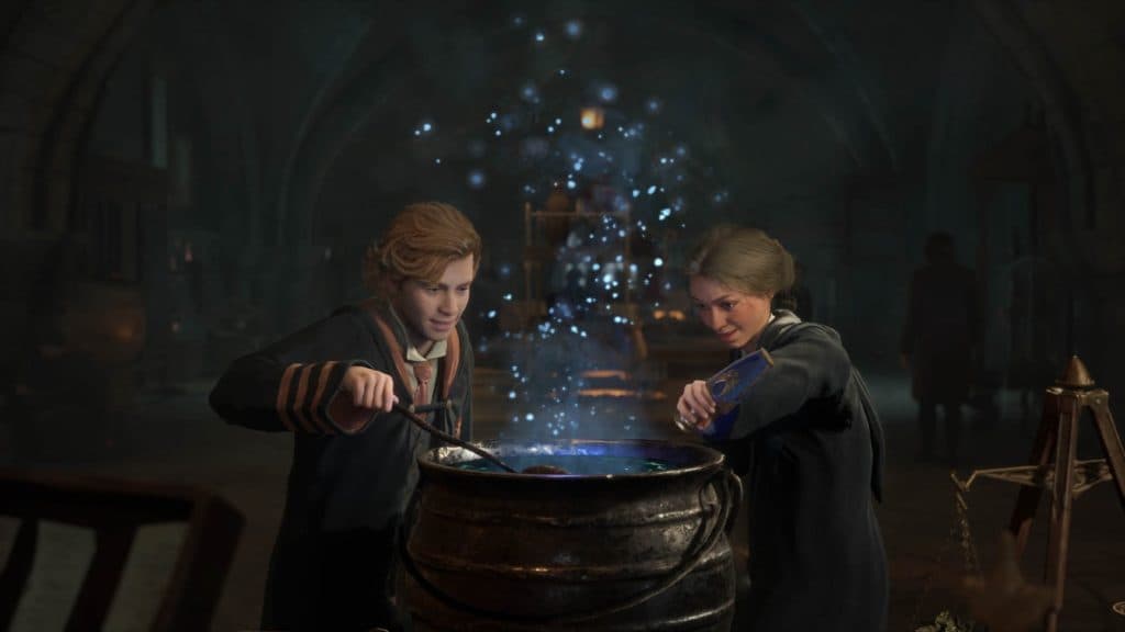 A promotional image from Hogwarts Legacy featuring two students creating a potion.