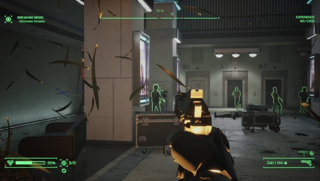 RoboCop: Rogue City gunfight in an office building