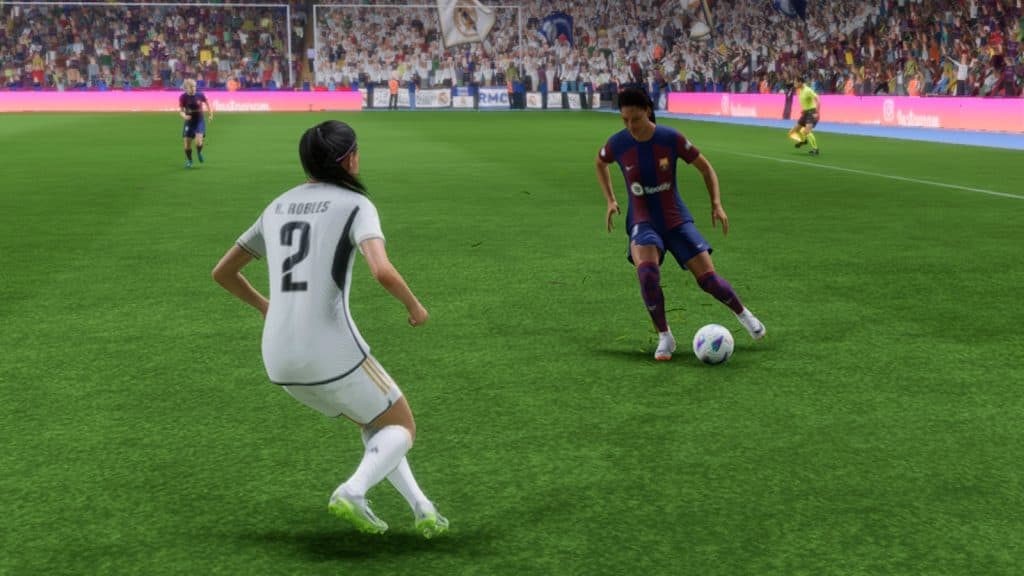 Barcelona winger Salma Paralluelo dribbling in EA FC 24 Kick Off match.
