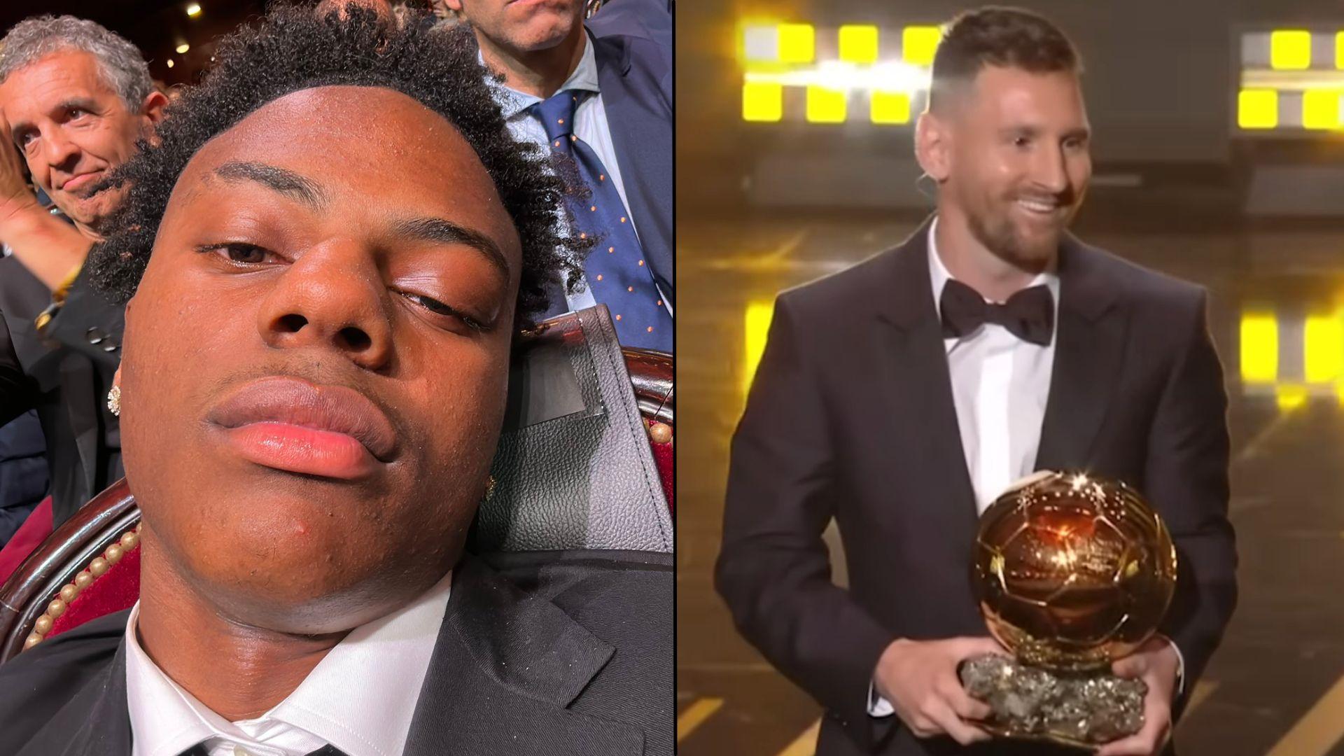 IShowSpeed slumped in seat looking sad with Lionel Messi holding Balon d'Or trophy