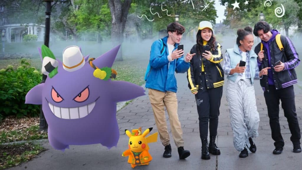 Pokemon Go Halloween 2023 with Gengar and Pikachu in costumes