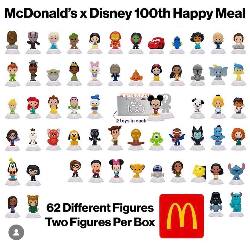 Image shows Disney 100 toys released by McDonalds.