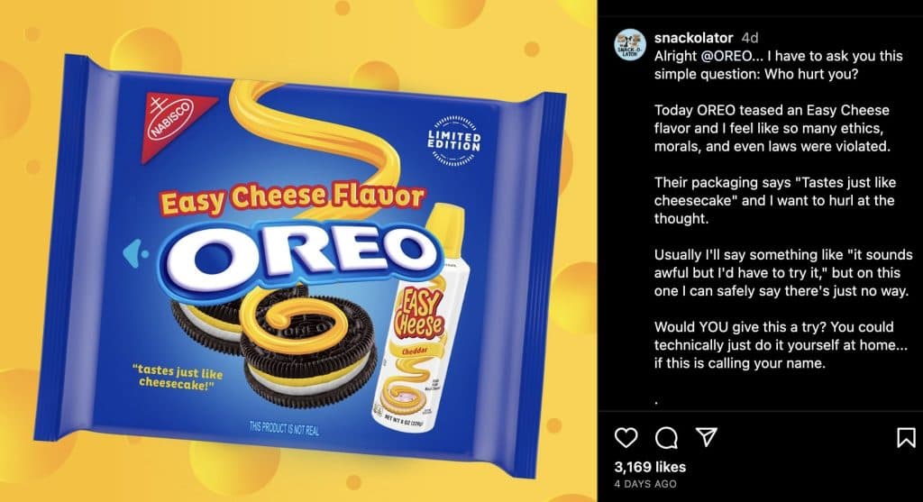 Screenshot of instagram post with oreo easy cheese packaging