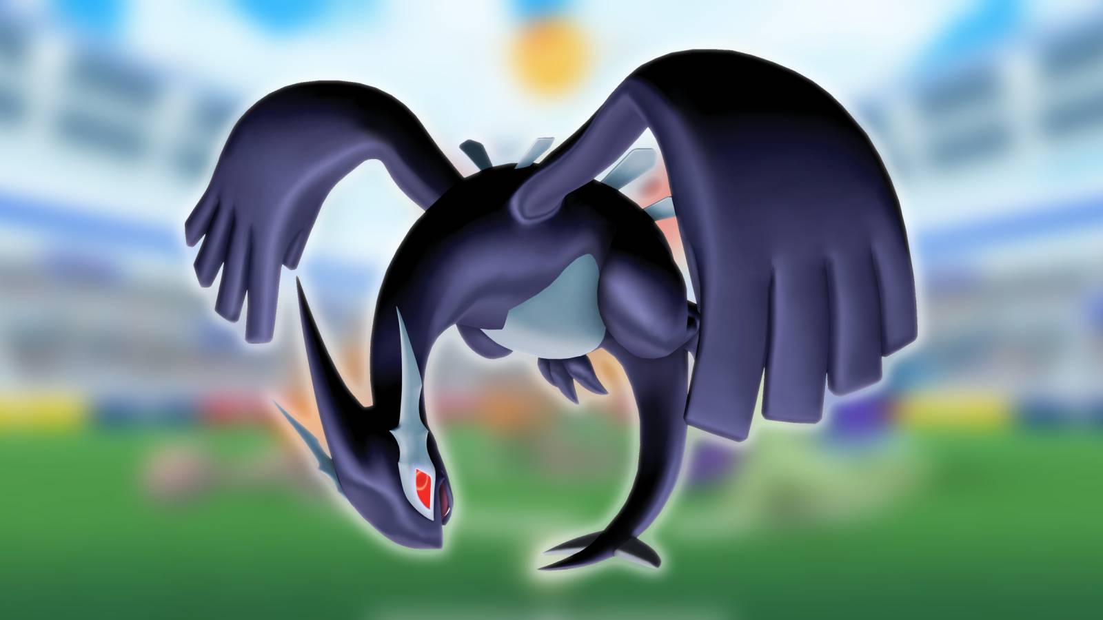 The formidable Shadow Lugia appears against a blurred image of a Pokemon Go raid