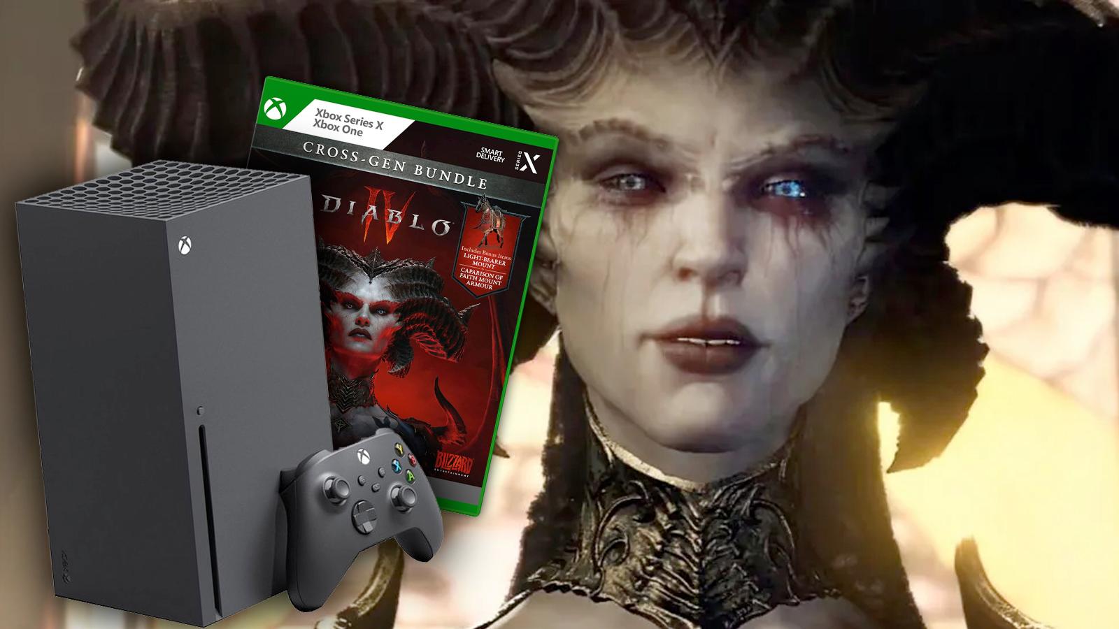 xbox series x with diablo 4 behind it and lillith from the game