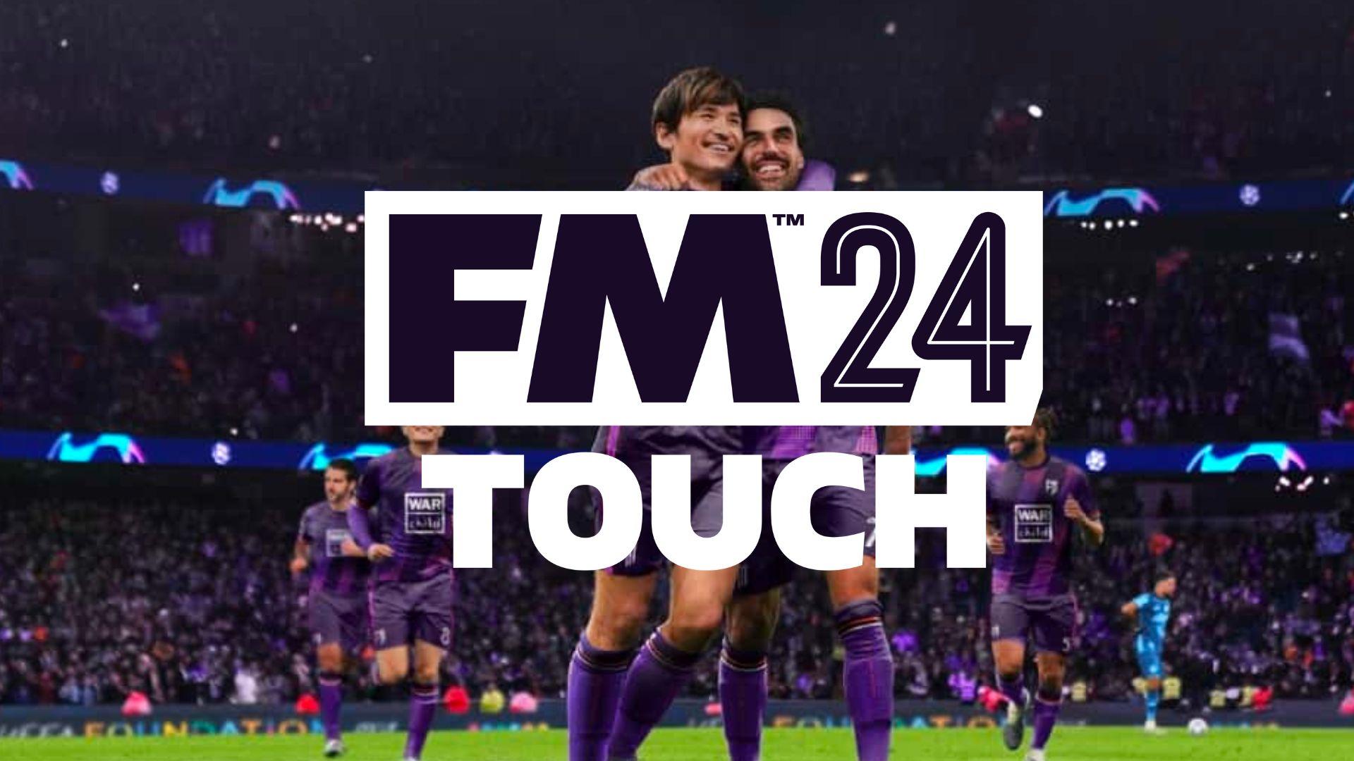 FM 24 Touch logo on top of players celebrating in purple kit