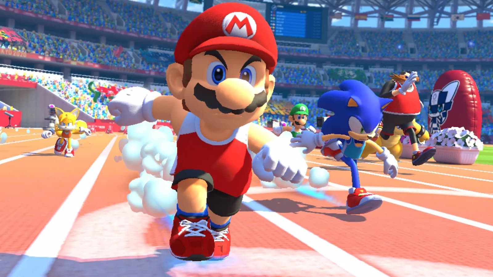 Mario beating Sonic in race at the Olympics
