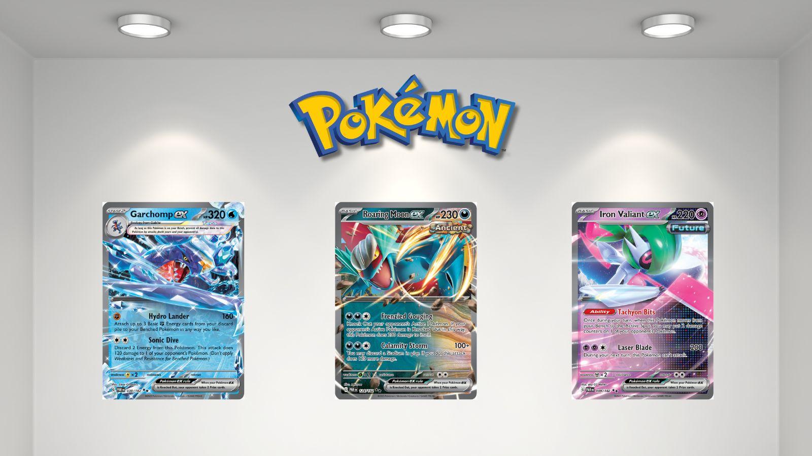 Garchomp Ex, Roaring Moon Ex, and Iron Valiant Ex against an art gallery background with a Pokemon logo above