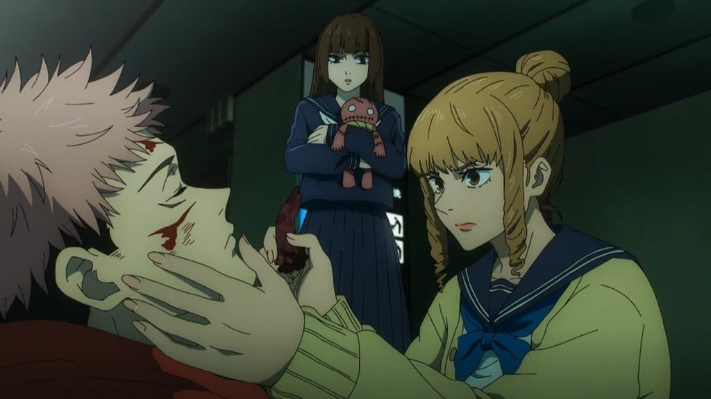 Mimiko and Nanako feeding Sukuna's fingers to Yuji in Jujutsu Kaisen