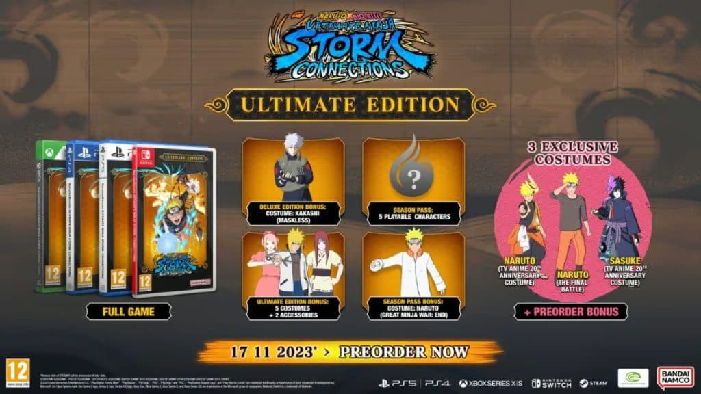 An image of the ultimate edition pre-order bonuses for Naruto x Boruto Ultimate Storm Connections.