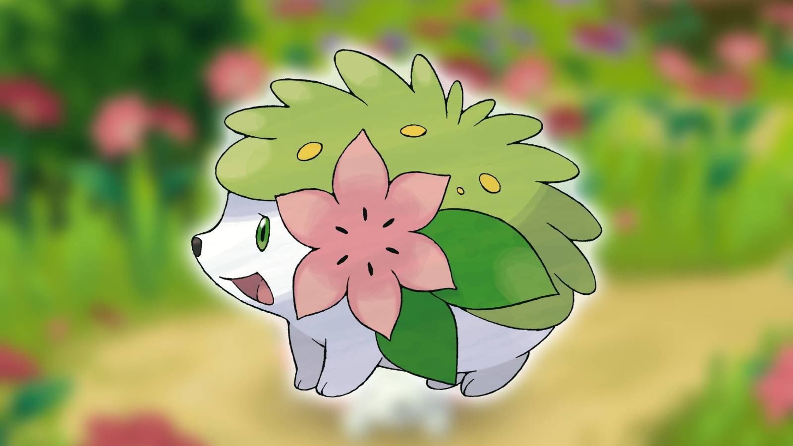 Shaymin appeaers against a blurred floral background