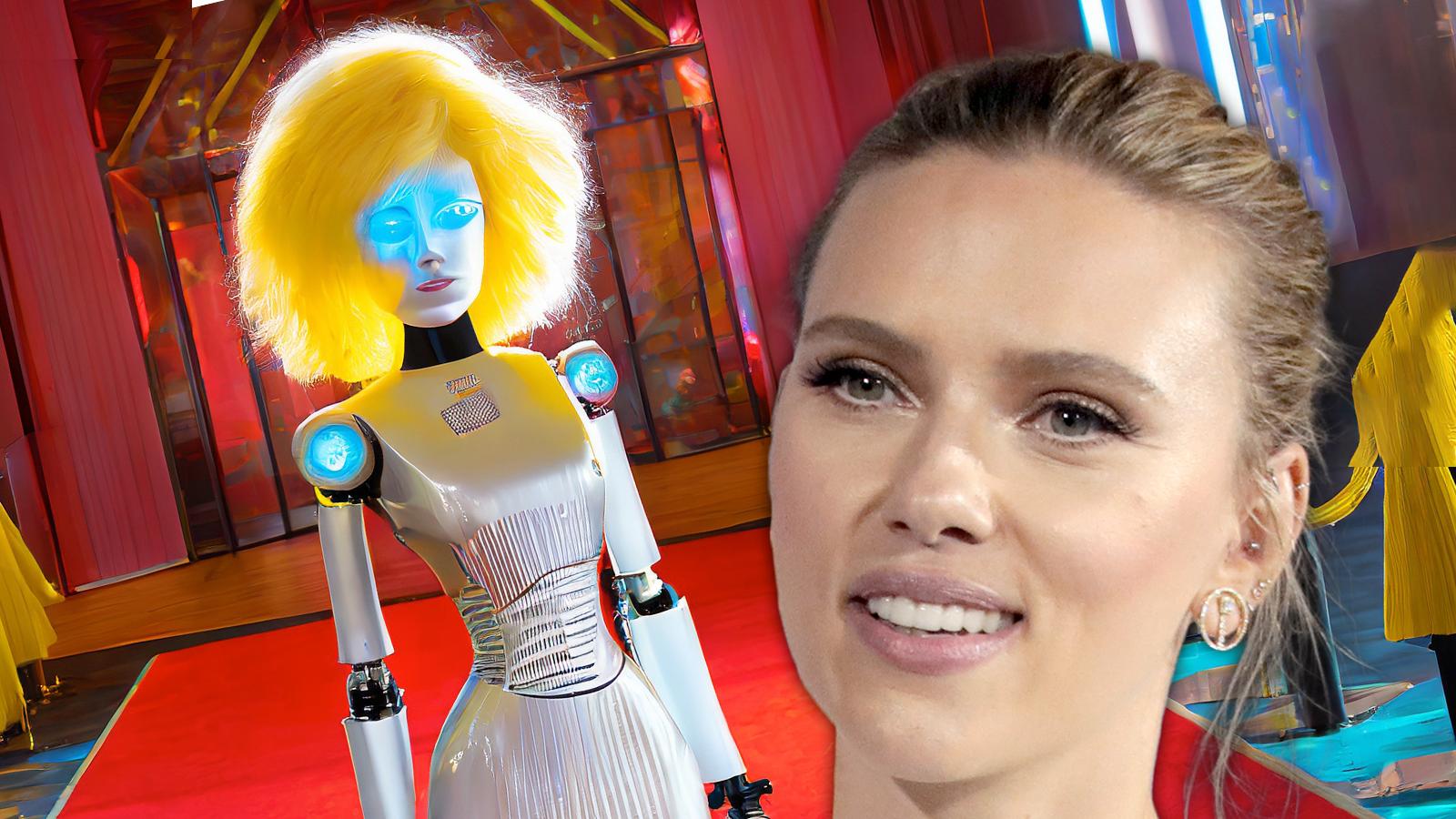 Scarlett Johasson with an AI generated image behind her of a robot on the red carpet in a blonde wig