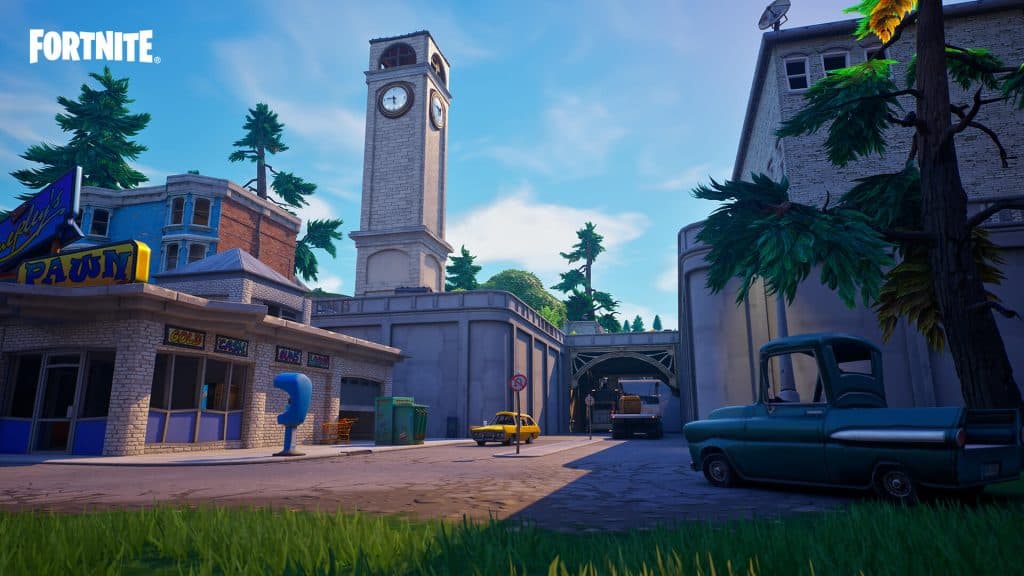 in-game screenshot from Fortnite featuring the Tilted Towers POI.
