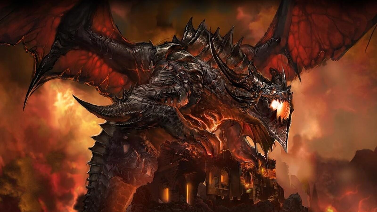 Deathwing sits on a burning building in Cataclysm Classic