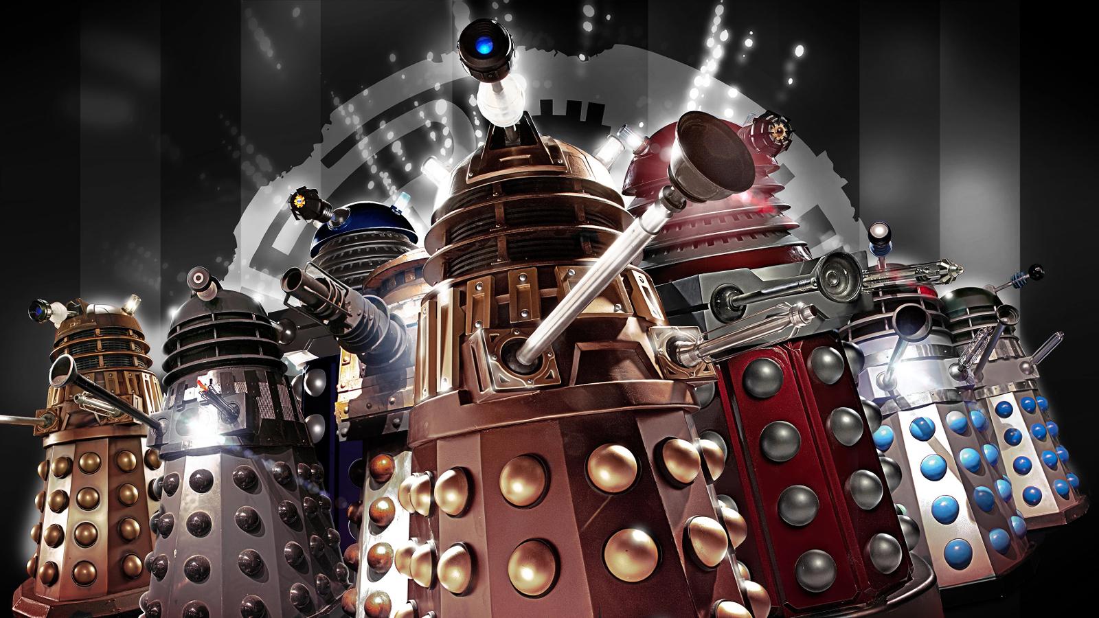 A Doctor Who promotional still featuring Daleks with the background converted to black and white.
