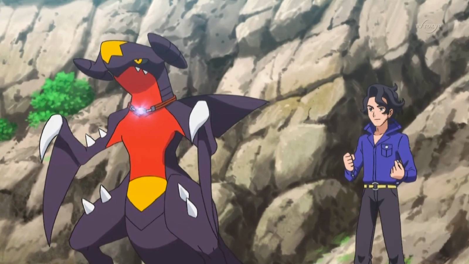 A screenshot from the Pokemon anime shows a garchomp and its trainer