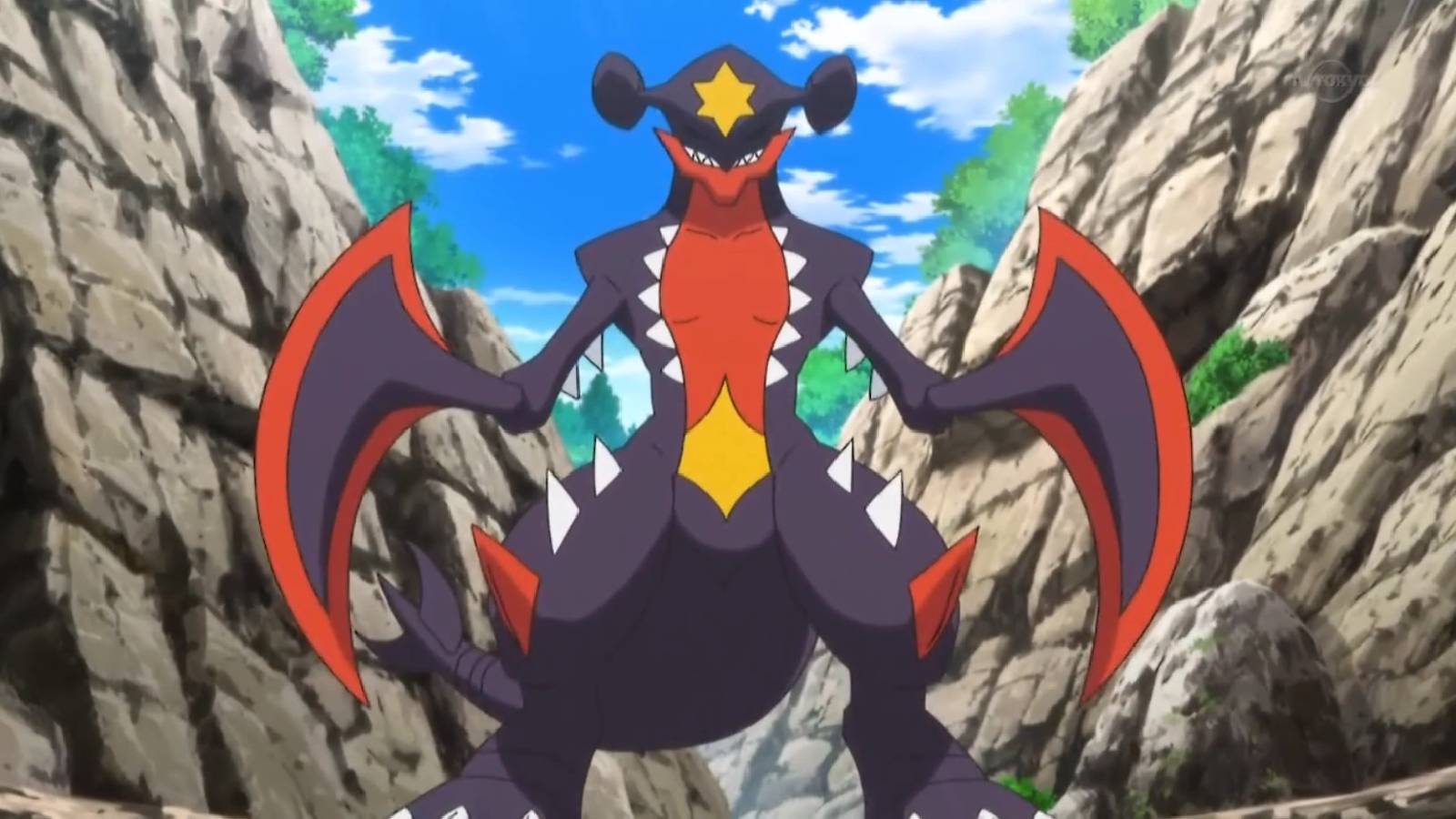 a screenshot from the Pokemon anime shows Mega Garchomp