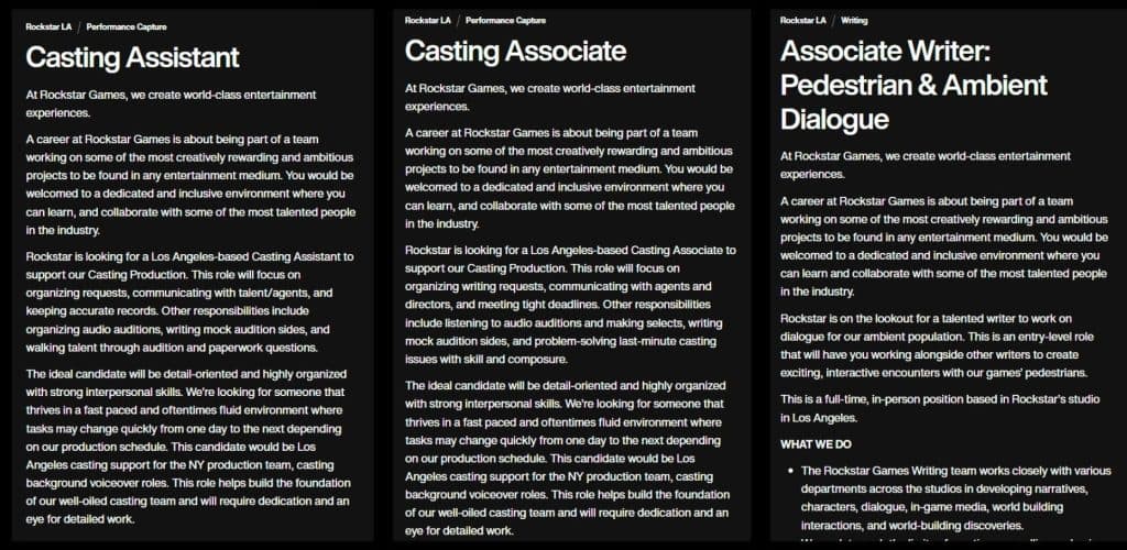 Screenshots of job listings on rockstar website