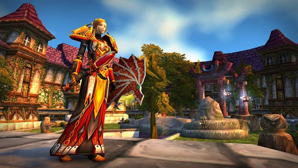 A paladin stands in the courtyard of the Scarlet Monastery (The Worldsoul Saga)