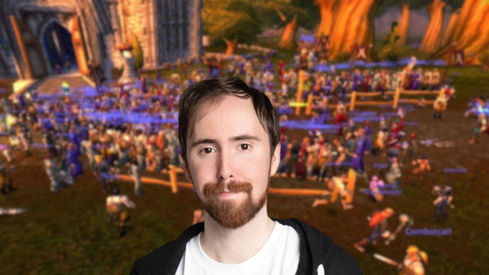 Asmongold stands in front of a foreground of WoW players