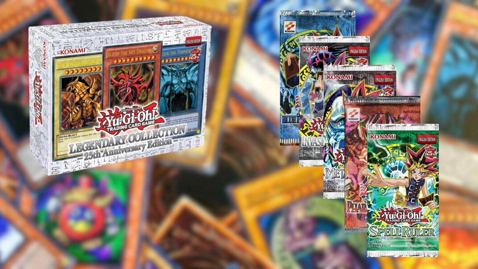 The Legendary Collection on a background of Yu-Gi-Oh! Cards