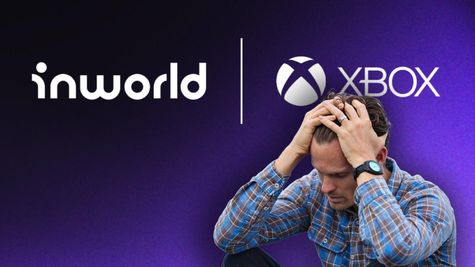 Xbox Logo with Inworld logo on purple background with a man with his head in his hands