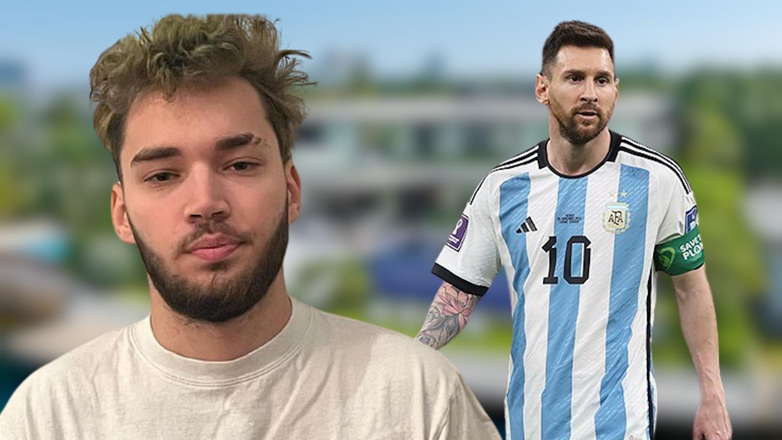 Adin Ross and Lionel Messi in front of blurred mansion.