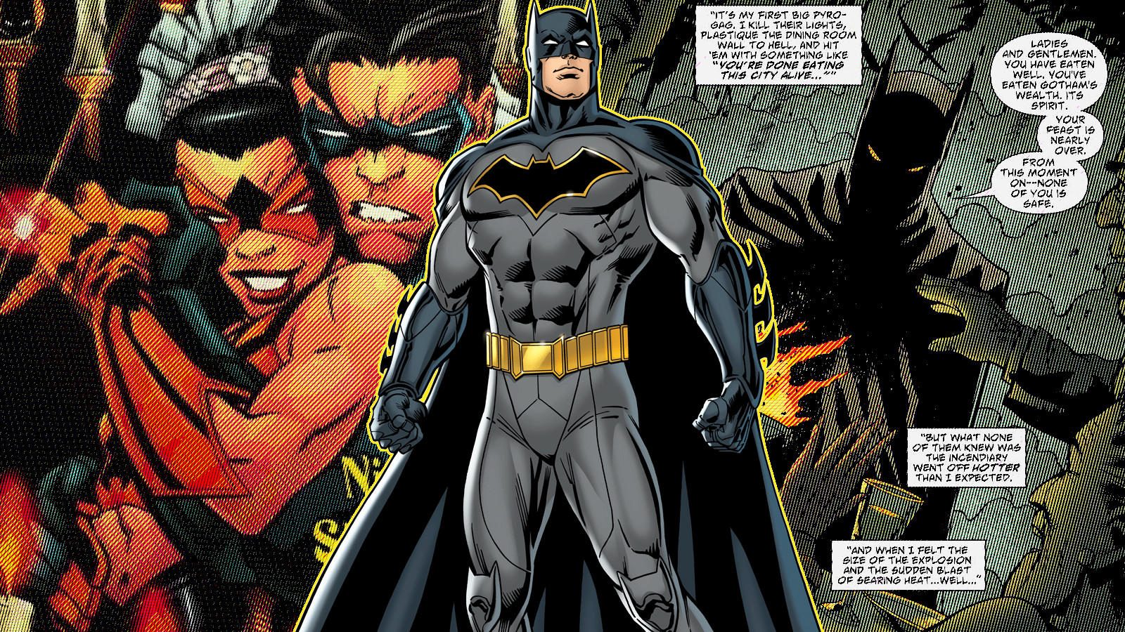 Batman, over an image of Nightwing & Tarantula and Widening Gyre's take on Year One
